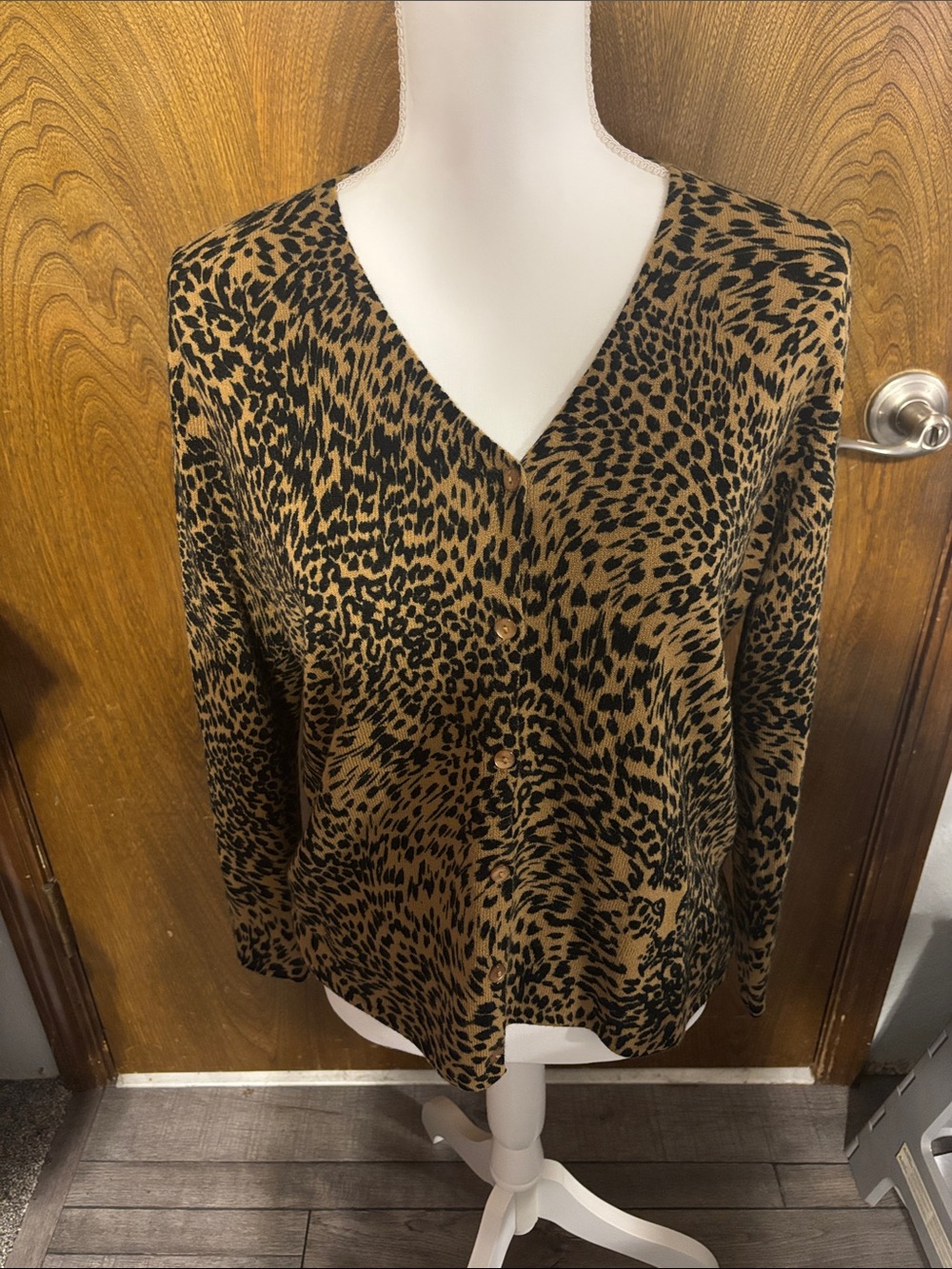 Designers Originals Brown and Black Leopard Button-Down V-Neck Top